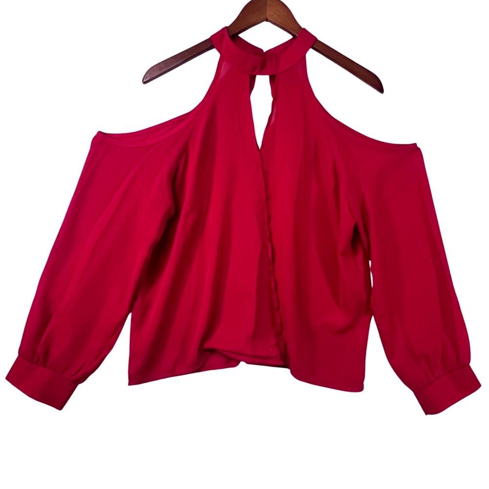 Womens Red Romantic Whimsical Flowy Date Night Cold Shoulder Keyhole Blouse L - Picture 1 of 8